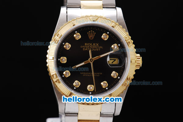 Rolex Datejust Automatic Two Tone with Gold Bezel,Black Dial and Diamond Marking - Click Image to Close
